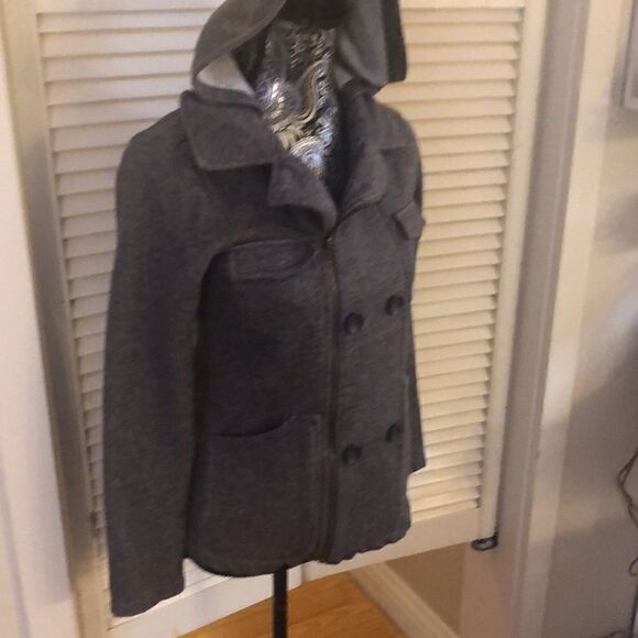 Billabong Gray Zip Up Cotton Moto  Jacket Peacoat Button Detail Fleece inside. - Picture 4 of 17